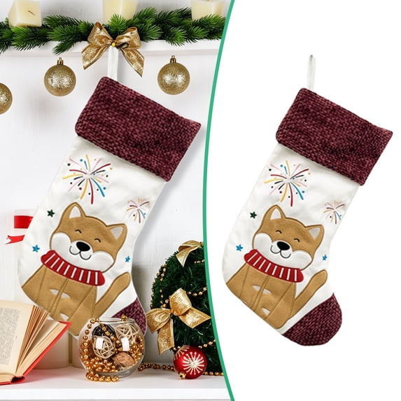 Large Christmas Stocking, Cute Animal Hanging Stocking with Knitted Cuff, 1 Piece Xmas Stocking, Holiday Christmas Tree Fireplace Decor, Style F, for Festive Season
