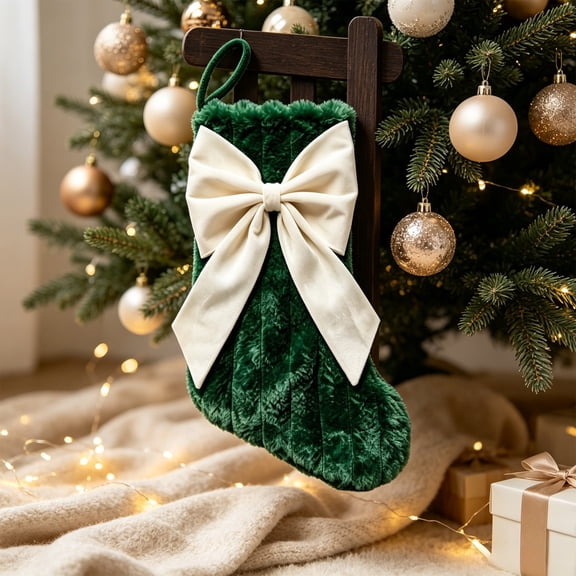 Large Christmas Stocking, Festive Holiday Gift Bag With Bowknot, Christmas Tree Hanging Stocking for Fireplace Mantel, Door, Bedroom and Seasonal Party Decor