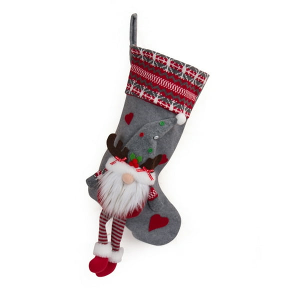 Large Christmas Stocking with Nordic Gnome and Reindeer, Grey Felt Holiday Decoration, Hanging Xmas Gift Bag for Fireplace Mantel, 18 Inches