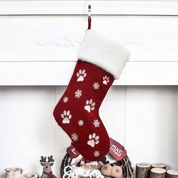 Large Christmas Stockings 8.7 x 18inch Dog Paw Print Snowflake Pattern Hanging Stockings Red Christmas Decorations Gift Bag Hanging Ornament for Xmas Holiday Party Pet Home