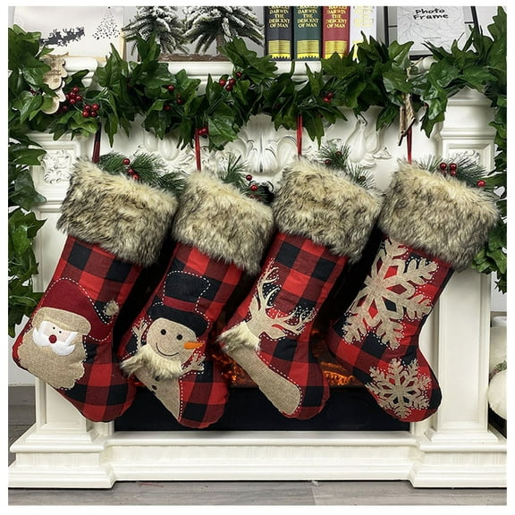 Large Christmas Stockings Christmas Hanging Sock Santa Snowman Snowflake Elk Gift Socks Burlap Large Plaid Plush Cuff Stockings Xmas Gift Candy socks Linen Socks for Family Holiday Xmas Party Decor