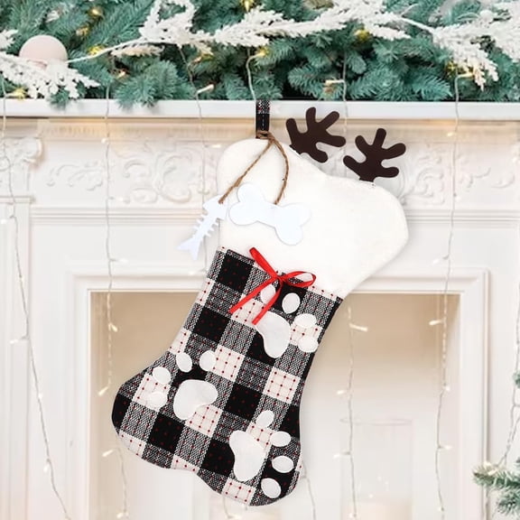 Large Christmas Stockings, Xmas Elk Stockings with Dog Paw Bones, Winter Gift Stocking Decorations, Buffalo Plaid Burlap Stockings for Home Hanging Ornaments Christmas Party Favor