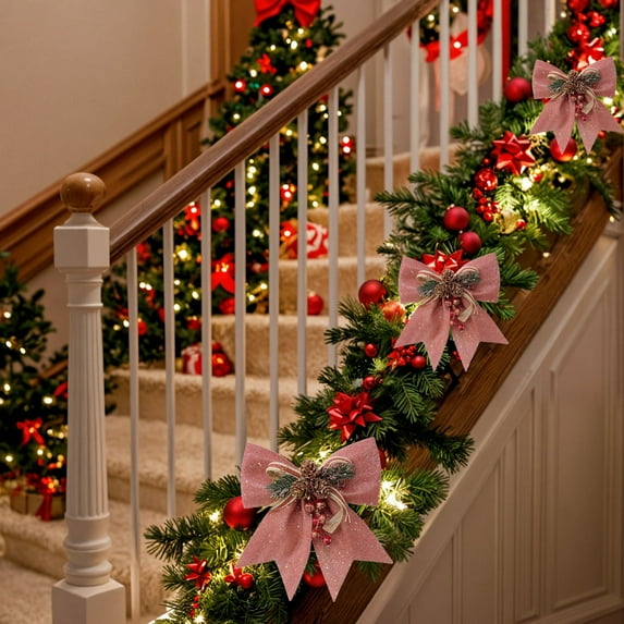 Large Christmas Tree Bow Decorations | Pink Gray & White Velvet Plastic Bows | 18x17cm Gift Wrapping & Holiday Decor | 1-Pack