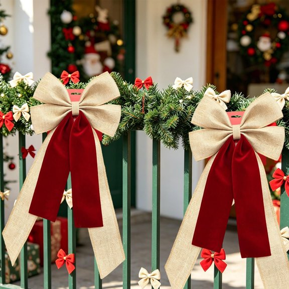 Large Christmas Tree Bow, Oversized Holiday Wreath Decoration, Red Blue Pink Multicolor Rustic Fabric Bow for Gift Wrapping Party Arch Wedding Backdrop, 51cm