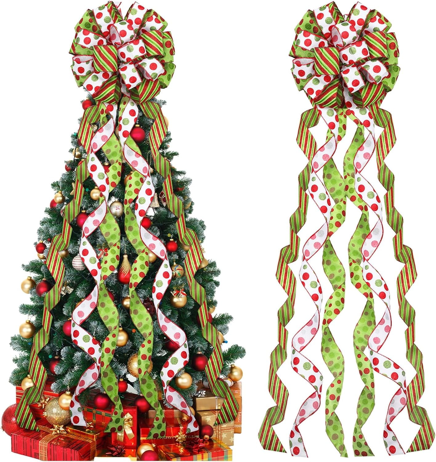Large Christmas Tree Bow Topper 52 x 12 Inch Red Green White Polka Dot ...