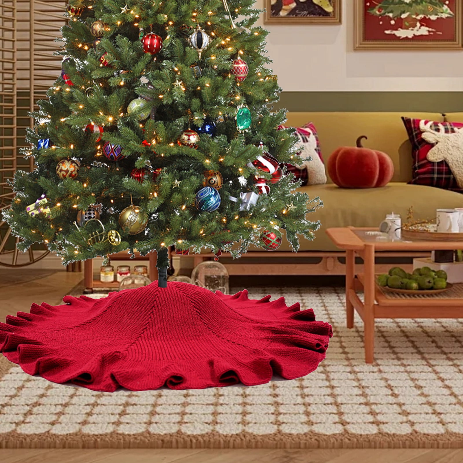 Large Christmas Tree Skirt 50 Inch Red Knitted Cotton Holiday ...