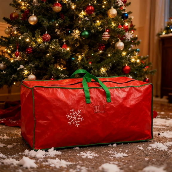 Large Christmas Tree Storage Bag, Heavy Duty Canvas Red Christmas Tree Storage Container with Sleek Dual Zipper and Durable Handles (Red)