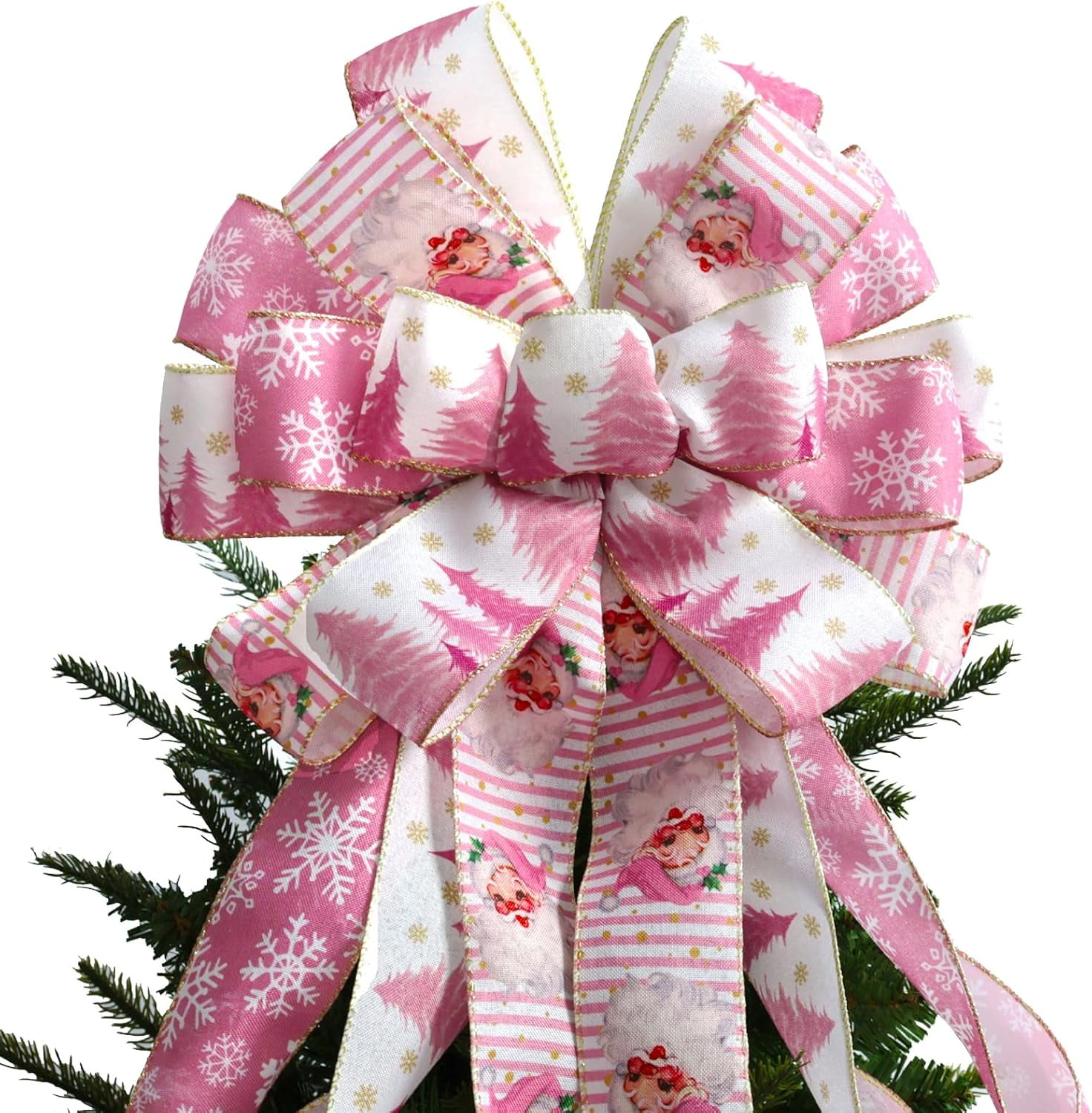 Large Christmas Tree Topper Bow 52x13 Inch, Pre-Tied Wired Ribbon Wreath Bows, Xmas Ornaments with Long Wired Edge Streamer for Holiday Thanksgiving Indoor Outdoor Party Decoration (Pink)