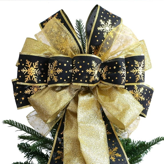 Large Christmas Tree Topper Bow 52x13 Inch, Pre-Tied Wired Ribbon Wreath Bows, Xmas Ornaments with Long Wired Edge Streamer for Holiday Thanksgiving Indoor Outdoor Party Decoration (Black Gold)