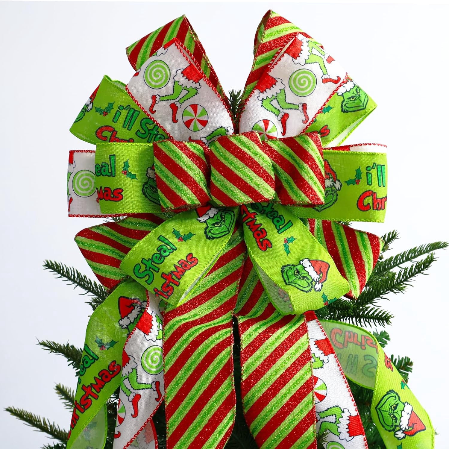 Large Christmas Tree Topper Bow 52x13 Inch, Pre-Tied Wired Ribbon Wreath Bows, Xmas Ornaments with Long Wired Edge Streamer for Holiday Thanksgiving Indoor Outdoor Party Decoration (Green)