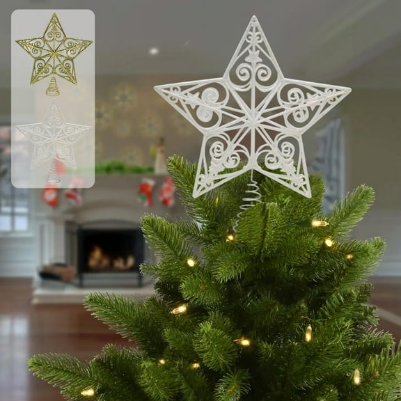 Large Christmas Tree Topper Star | 10.6 Inch Gold & White Glitter Decor | Hollow Design with Spring Base for Trees 5ft+ | Plastic Holiday Tree Top Decoration