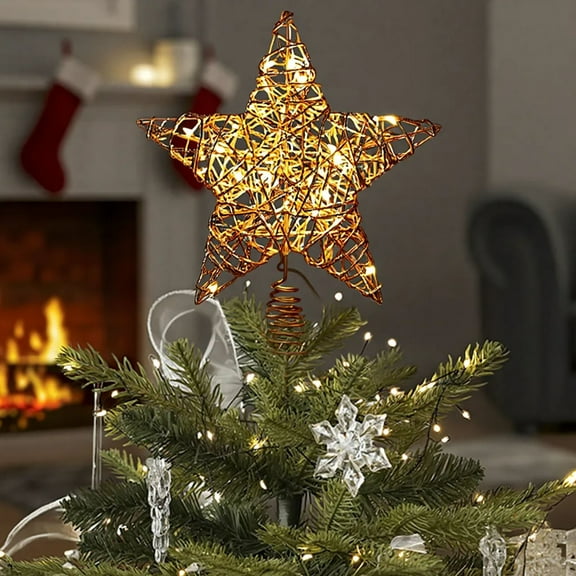 Large Christmas Tree Topper Star with Warm White Lights | 30x25cm Metal Iron 5-Pointed Star Tree Top Decoration | Indoor Holiday Decor for Home & Party