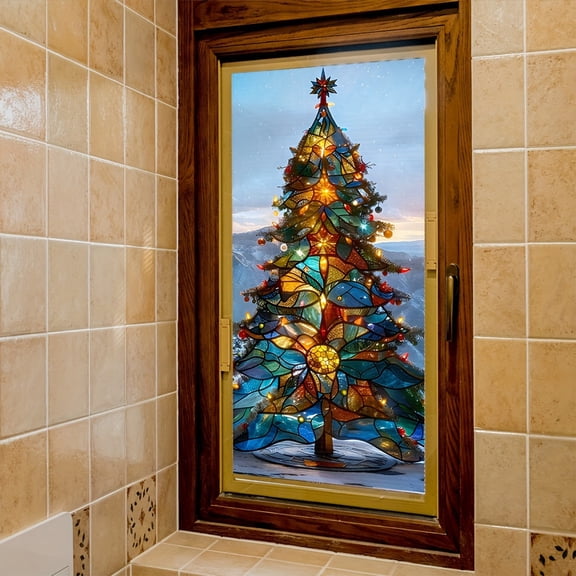 Large Christmas Tree Window Clings Reusable PVC Holiday Decals, Colored Glass Christmas Tree for Home Office Glass Decoration, Peel Xmas Window Stickers for Winter Party and Festive Seasonal Display