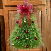 Large Christmas Tree Wreath for Front Door Handmade Christmas Swag with Bell & Linen Bow, Farmhouse Christmas Wreath Bow Decorations Rustic Door Swag Wreath for Mantel Wall Window Wedding