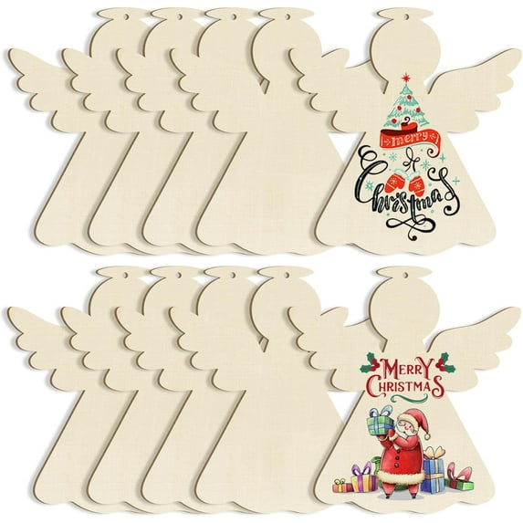 Large Christmas Wooden Ornaments to Paint 10Pcs, DIY Blank Unfinished Angel Wood Cutout Ornament for Crafts Hanging Decorations, Thanksgiving Wedding Birthday Party Decoration