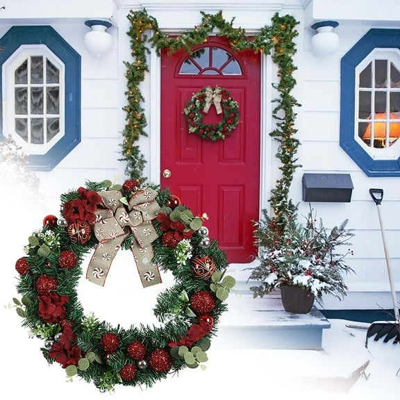 Large Christmas Wreath for Front Door 14 Inch, Artificial Greenery Holiday Wreath with Red Berries and Bow, Outdoor Christmas Decorations for Front Door, Indoor Wall, Mantle and Holiday Party Decor