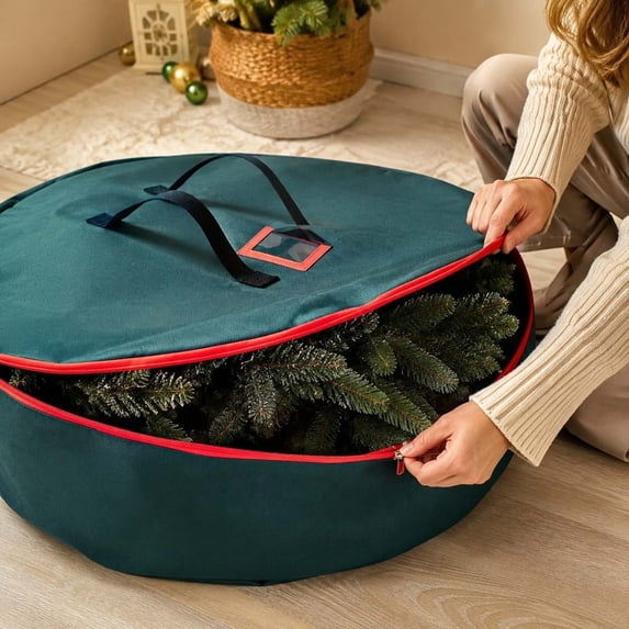 Large Christmas Wreath Storage Bag – Heavy-Duty PVC Dust-Proof – Double Zipper Closure – Reinforced Handles with ID Label