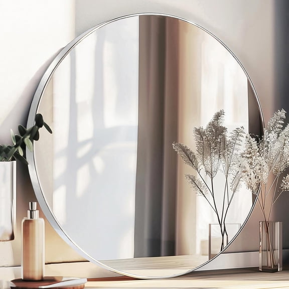 Large Circle Mirror 38 inch, Nickel Circle Mirror with Metal Frame
