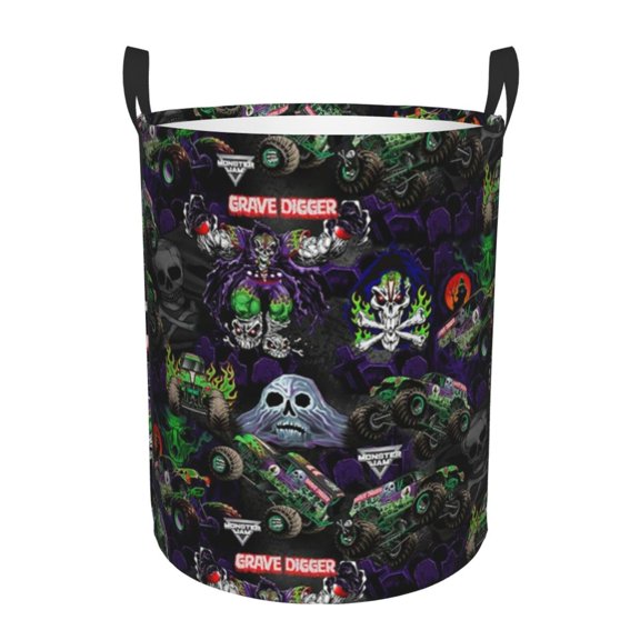 Large Circular Hamper Bag Monster Truck Jam Laundry Basket with Handles Bedroom Bathroom Home Medium