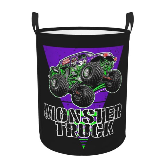 Large Circular Hamper Bag Monster Truck Jam Laundry Basket with Handles Bedroom Bathroom Home Medium