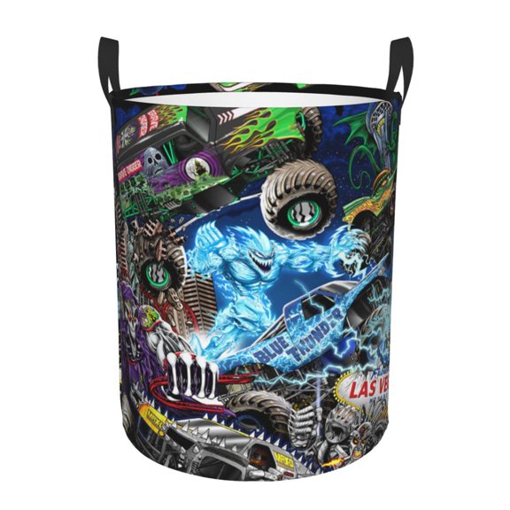 Large Circular Hamper Bag Monster Truck Jam Laundry Basket with Handles Bedroom Bathroom Home Medium