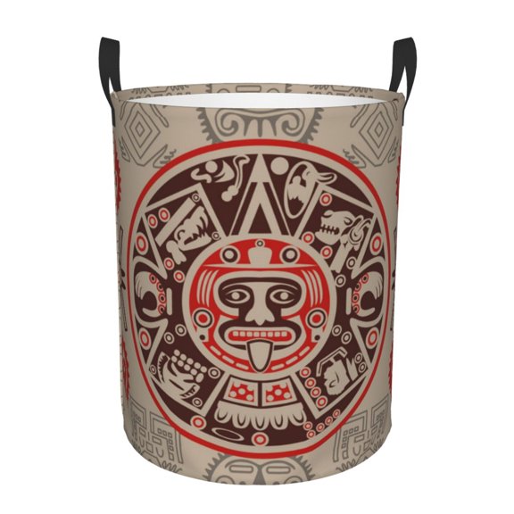 Large Circular Laundry Hamper, Waterproof Clothes Basket with Handles, Stand-Alone Storage Bin, Aztec Ancient American Tribal Face