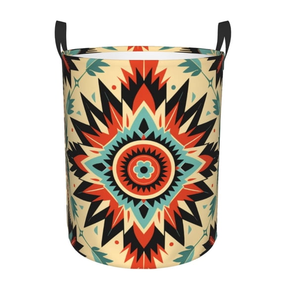 Large Circular Laundry Hamper, Waterproof Clothes Basket with Handles, Stand-Alone Storage Bin, Aztec Baja Southwest Native Western