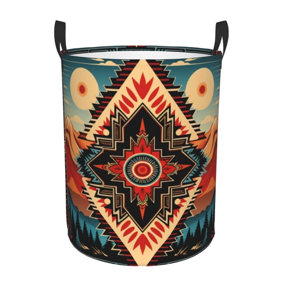 Large Circular Laundry Hamper, Waterproof Clothes Basket with Handles, Stand-Alone Storage Bin, Aztec Baja Southwest Western Native Cool