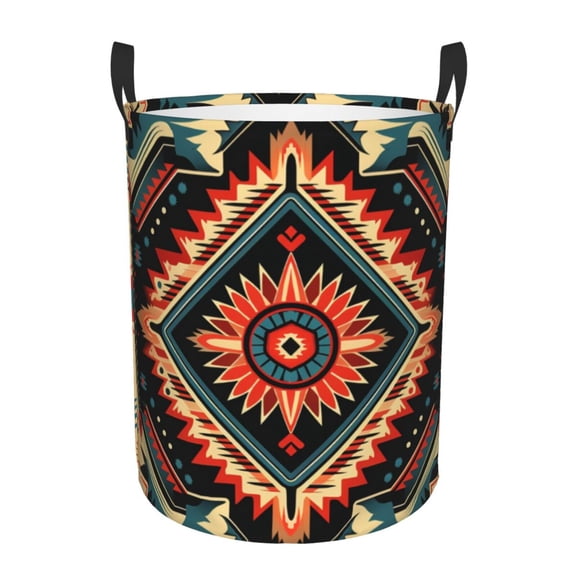 Large Circular Laundry Hamper, Waterproof Clothes Basket with Handles, Stand-Alone Storage Bin, Aztec Baja Western Native Southwest