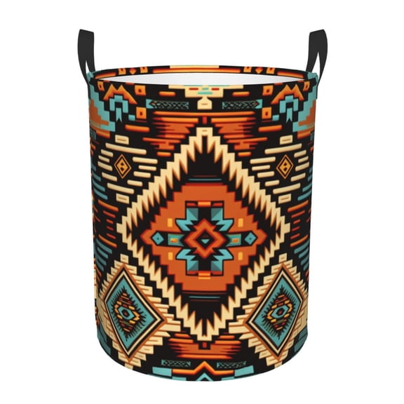 Large Circular Laundry Hamper, Waterproof Clothes Basket with Handles, Stand-Alone Storage Bin, Aztec Baja Western Native Southwest