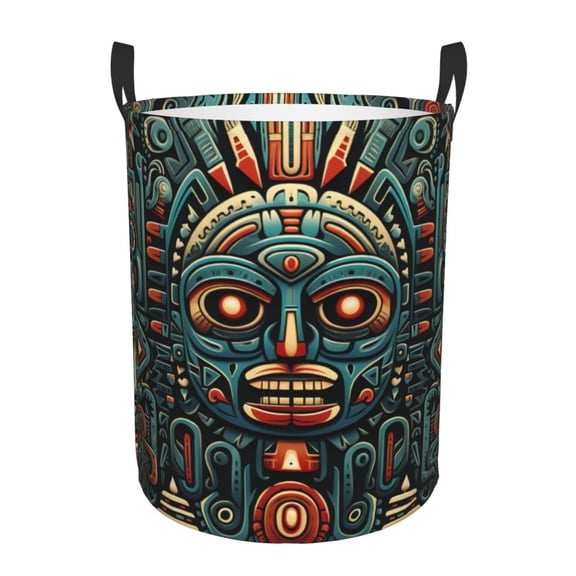 Large Circular Laundry Hamper, Waterproof Clothes Basket with Handles, Stand-Alone Storage Bin, Aztec Southwestern Art Pattern