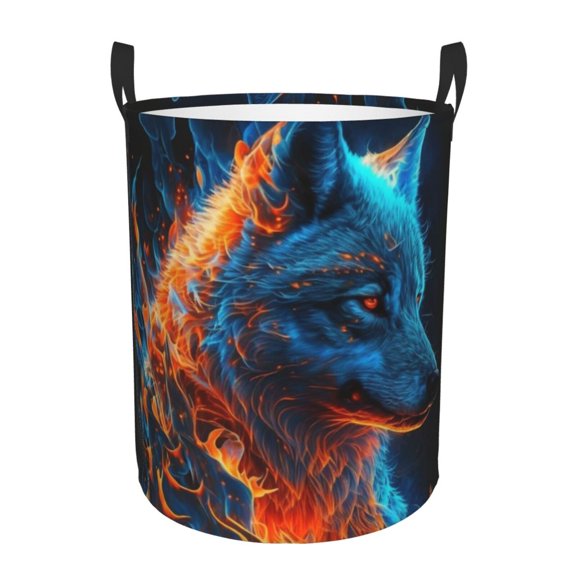 Large Circular Laundry Hamper, Waterproof Clothes Basket with Handles, Stand-Alone Storage Bin, Blue Fire Flaming Wolf Cool