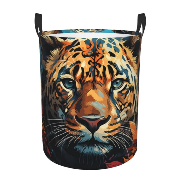 Large Circular Laundry Hamper, Waterproof Clothes Basket with Handles, Stand-Alone Storage Bin, Cheetah Leopard Print Tiger Cool Art