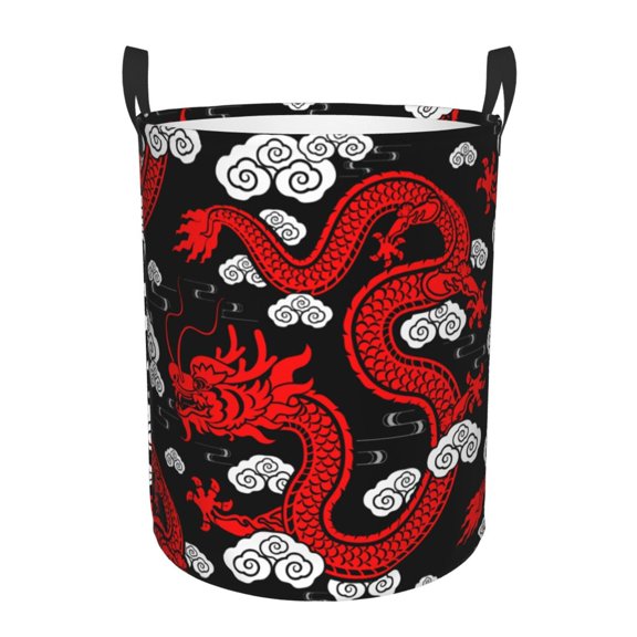 Large Circular Laundry Hamper, Waterproof Clothes Basket with Handles, Stand-Alone Storage Bin, Chinese Dragon Asian Zodiac