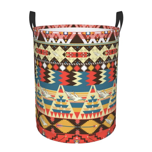 Large Circular Laundry Hamper, Waterproof Clothes Basket with Handles, Stand-Alone Storage Bin, Colorful Aztec Pattern With Birds Flower