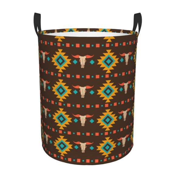 Large Circular Laundry Hamper, Waterproof Clothes Basket with Handles, Stand-Alone Storage Bin, Cowboy Western Native