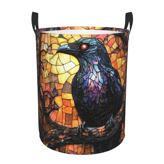 Large Circular Laundry Hamper, Waterproof Clothes Basket with Handles, Stand-Alone Storage Bin, Dark Crow Stained Glass Art