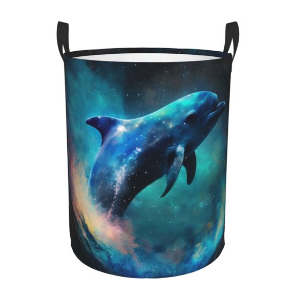 Large Circular Laundry Hamper, Waterproof Clothes Basket with Handles, Stand-Alone Storage Bin, Dolphin Galaxy Show Space Ocean Art