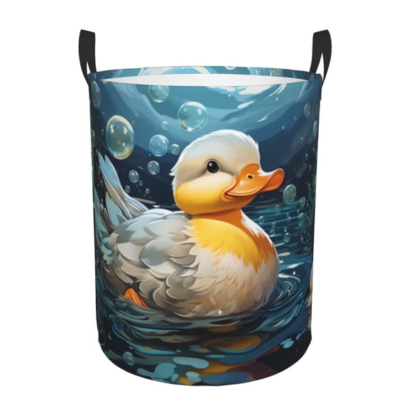 Large Circular Laundry Hamper, Waterproof Clothes Basket with Handles, Stand-Alone Storage Bin, Duck Bubbles Cartoon