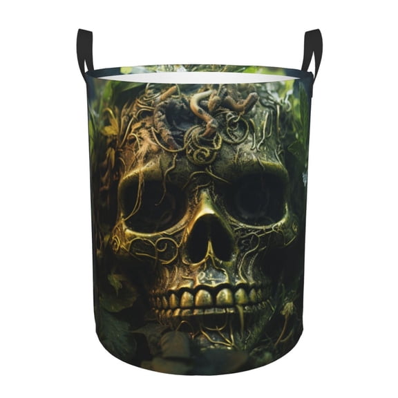 Large Circular Laundry Hamper, Waterproof Clothes Basket with Handles, Stand-Alone Storage Bin, Green Weed Cool Skull