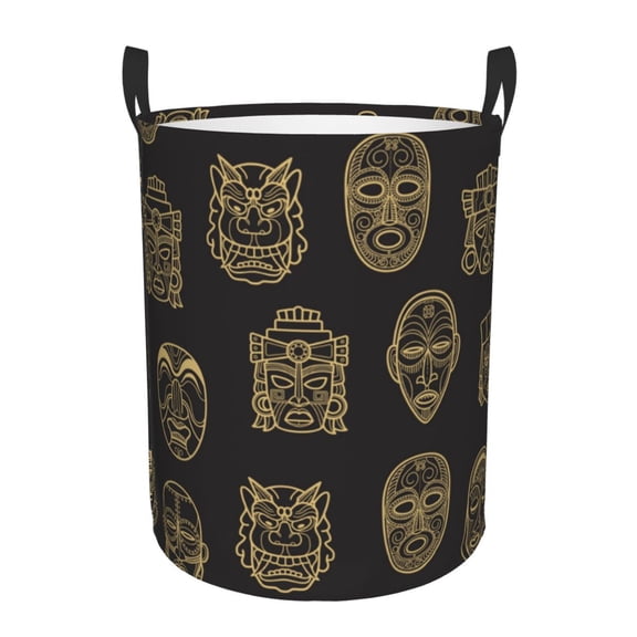 Large Circular Laundry Hamper, Waterproof Clothes Basket with Handles, Stand-Alone Storage Bin, Indian Aztec African Tribal Face