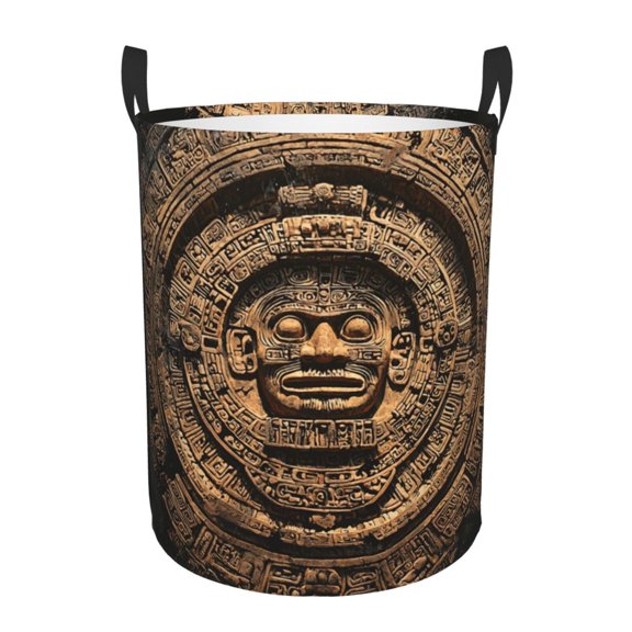 Large Circular Laundry Hamper, Waterproof Clothes Basket with Handles, Stand-Alone Storage Bin, Mayan Calendar Aztec Black