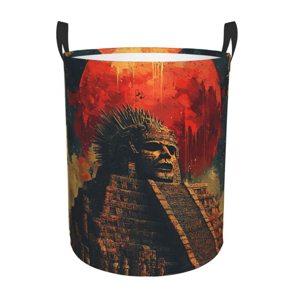 Large Circular Laundry Hamper, Waterproof Clothes Basket with Handles, Stand-Alone Storage Bin, Mayan Calendar Aztec Retro Art