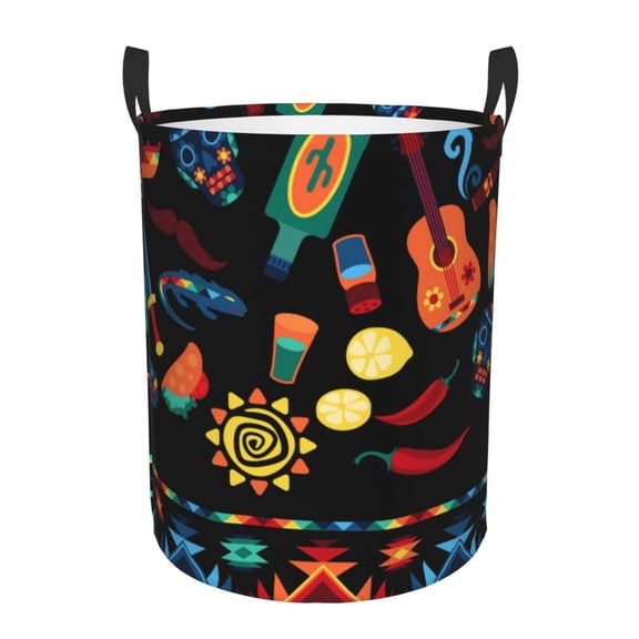 Large Circular Laundry Hamper, Waterproof Clothes Basket with Handles, Stand-Alone Storage Bin, Mexican Native Ethnic