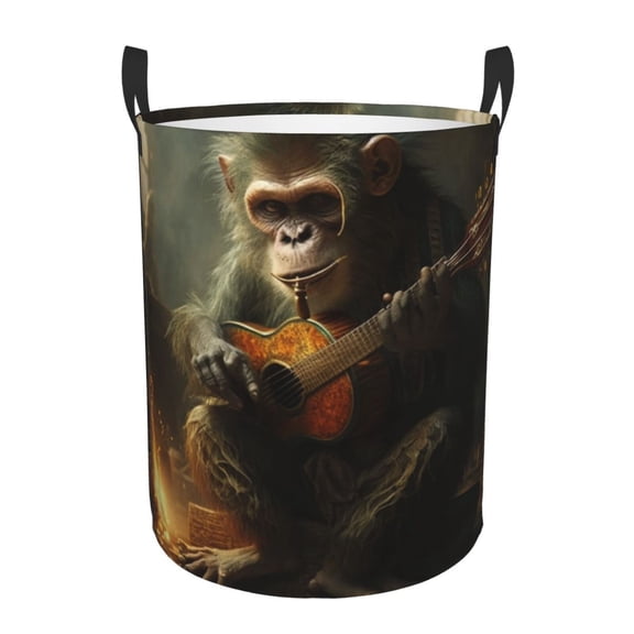 Large Circular Laundry Hamper, Waterproof Clothes Basket with Handles, Stand-Alone Storage Bin, Monkey Playing Guitar Funny