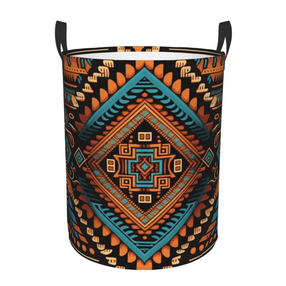 Large Circular Laundry Hamper, Waterproof Clothes Basket with Handles, Stand-Alone Storage Bin, Native Southwest Tribal Indian Aztec