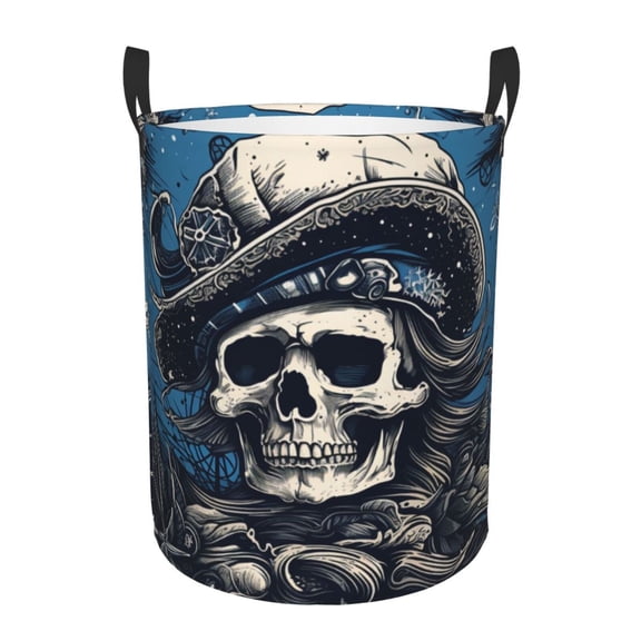 Large Circular Laundry Hamper, Waterproof Clothes Basket with Handles, Stand-Alone Storage Bin, Pirate Captain Skull Cool Art