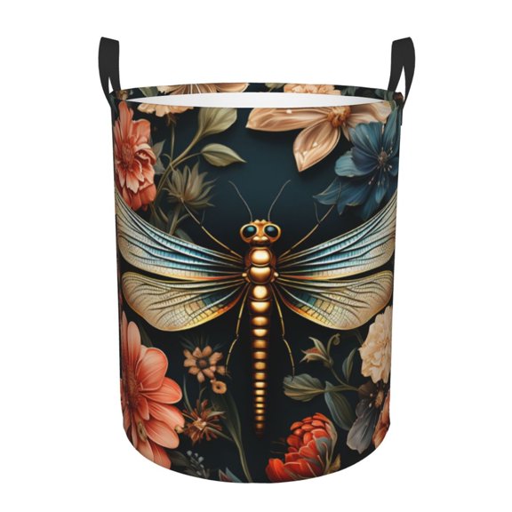 Large Circular Laundry Hamper, Waterproof Clothes Basket with Handles, Stand-Alone Storage Bin, Retro Dragonfly And Flower Art