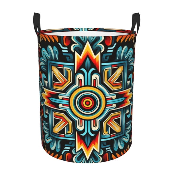 Large Circular Laundry Hamper, Waterproof Clothes Basket with Handles, Stand-Alone Storage Bin, Southwestern Aztec Cool