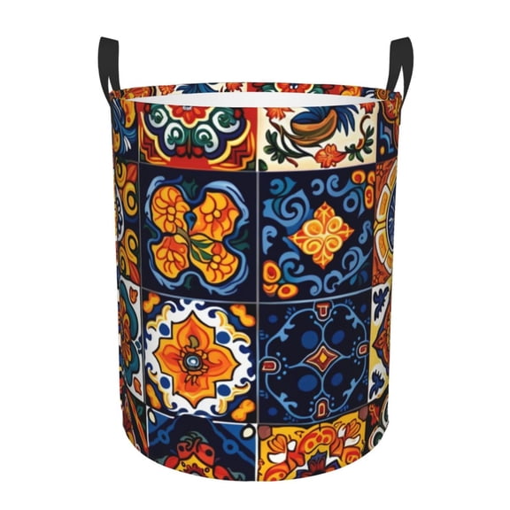 Large Circular Laundry Hamper, Waterproof Clothes Basket with Handles, Stand-Alone Storage Bin, Talavera Mexican Tiles